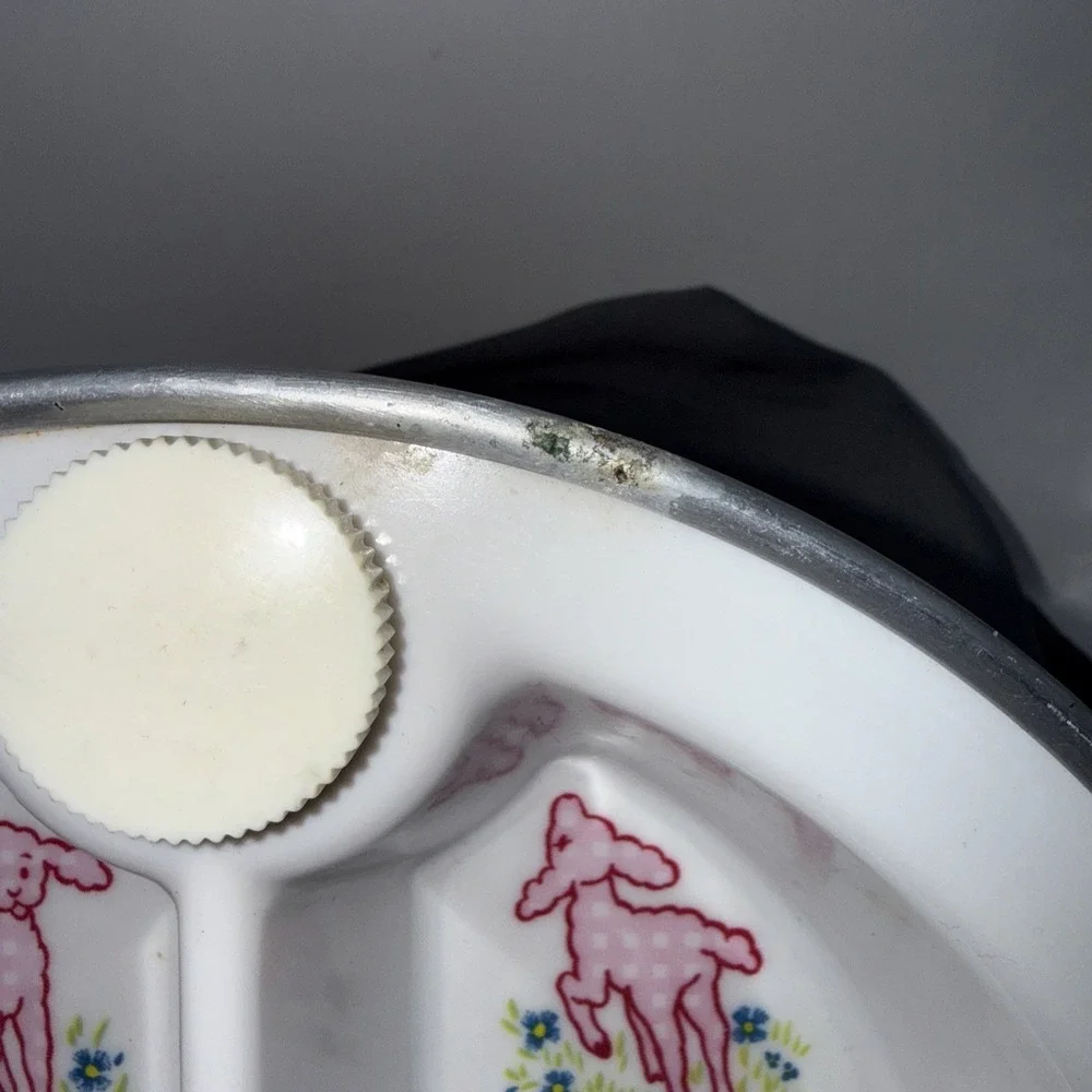 Vintage Pink Divided Dish Baby Warmer Warming Food Plate Handles Lamb Bo Peep